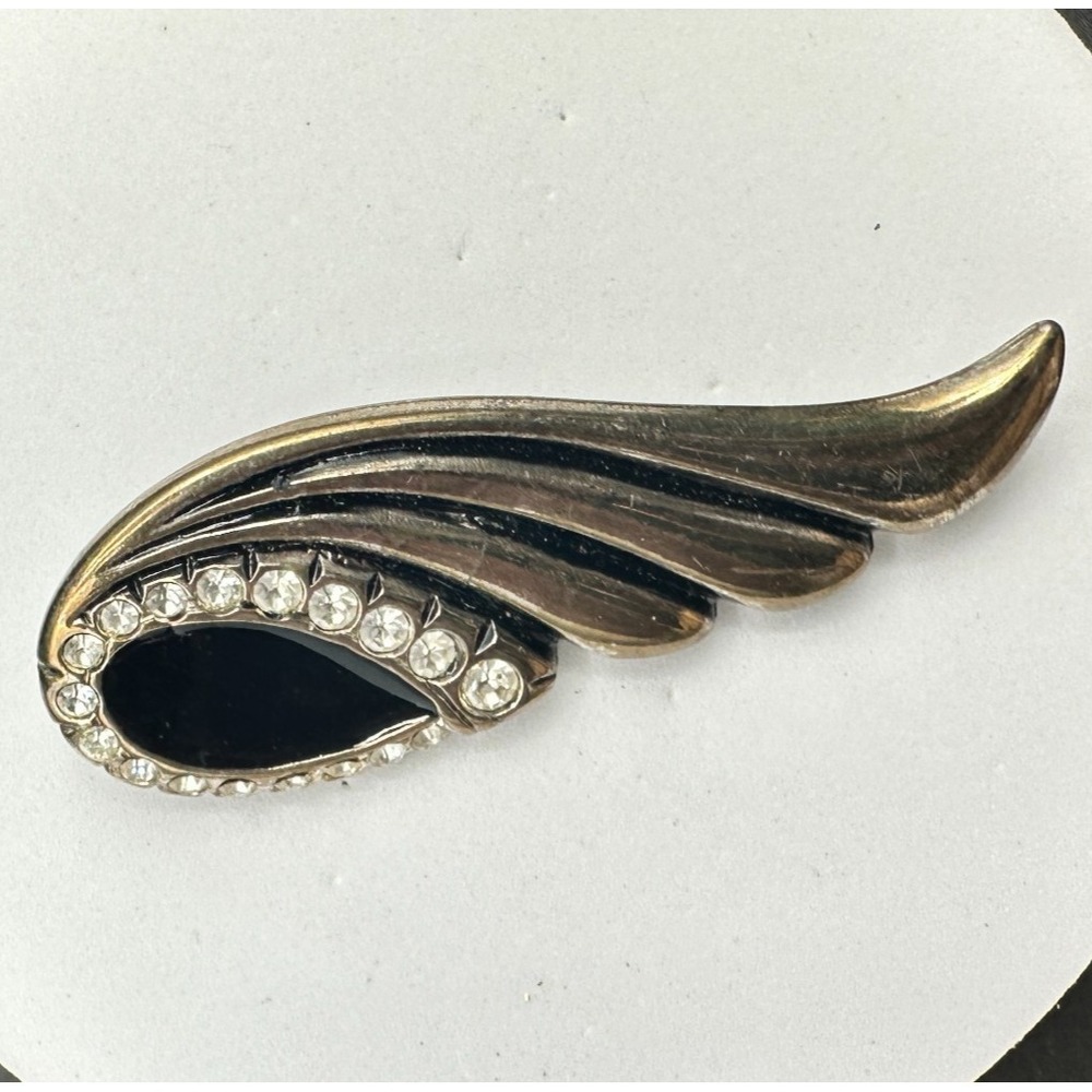 Vintage 80s 90s Art Deco Rhinestone Swirl Brooch Black Enamel Silver‎ Statement